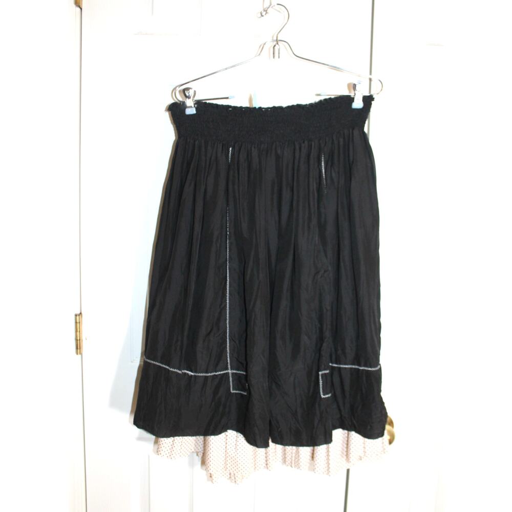 Aquarius Black Silk Smocked Waist Skirt w/ Polka Dot Ruffle sz L